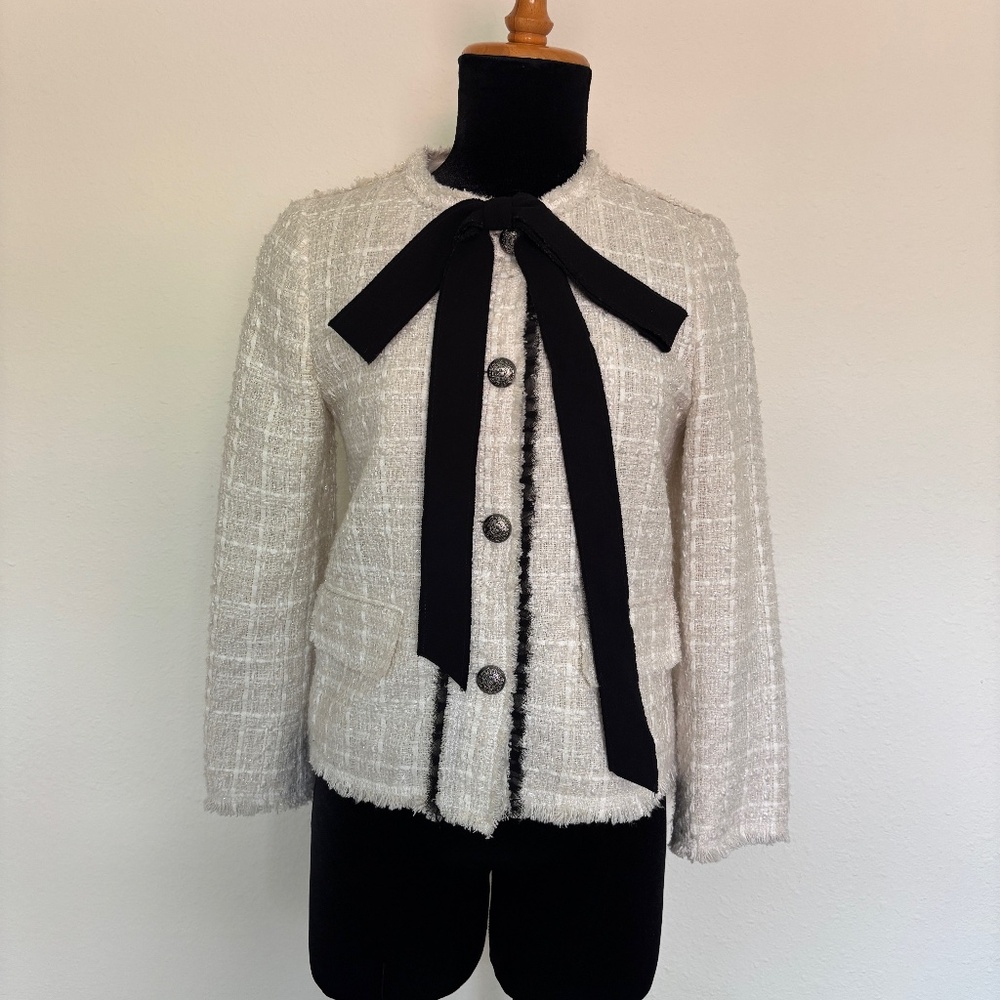 Zara Cream Tweed Classic Lady Jacket with Bow